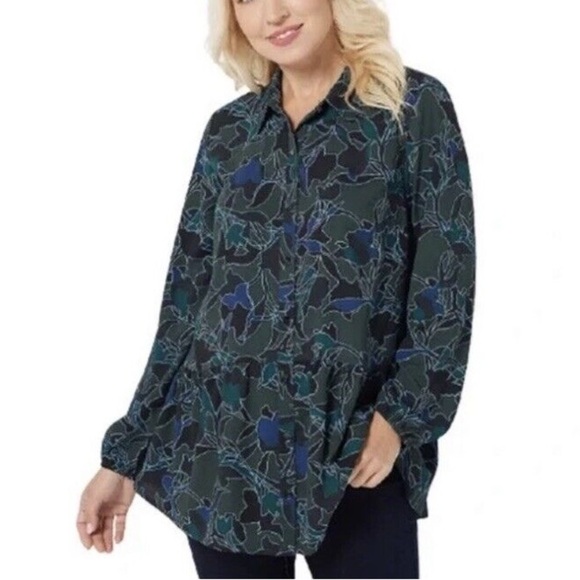 Logo By Lori Goldstein Green , Blue and Black Oversized Button Down Shirt - Picture 1 of 5